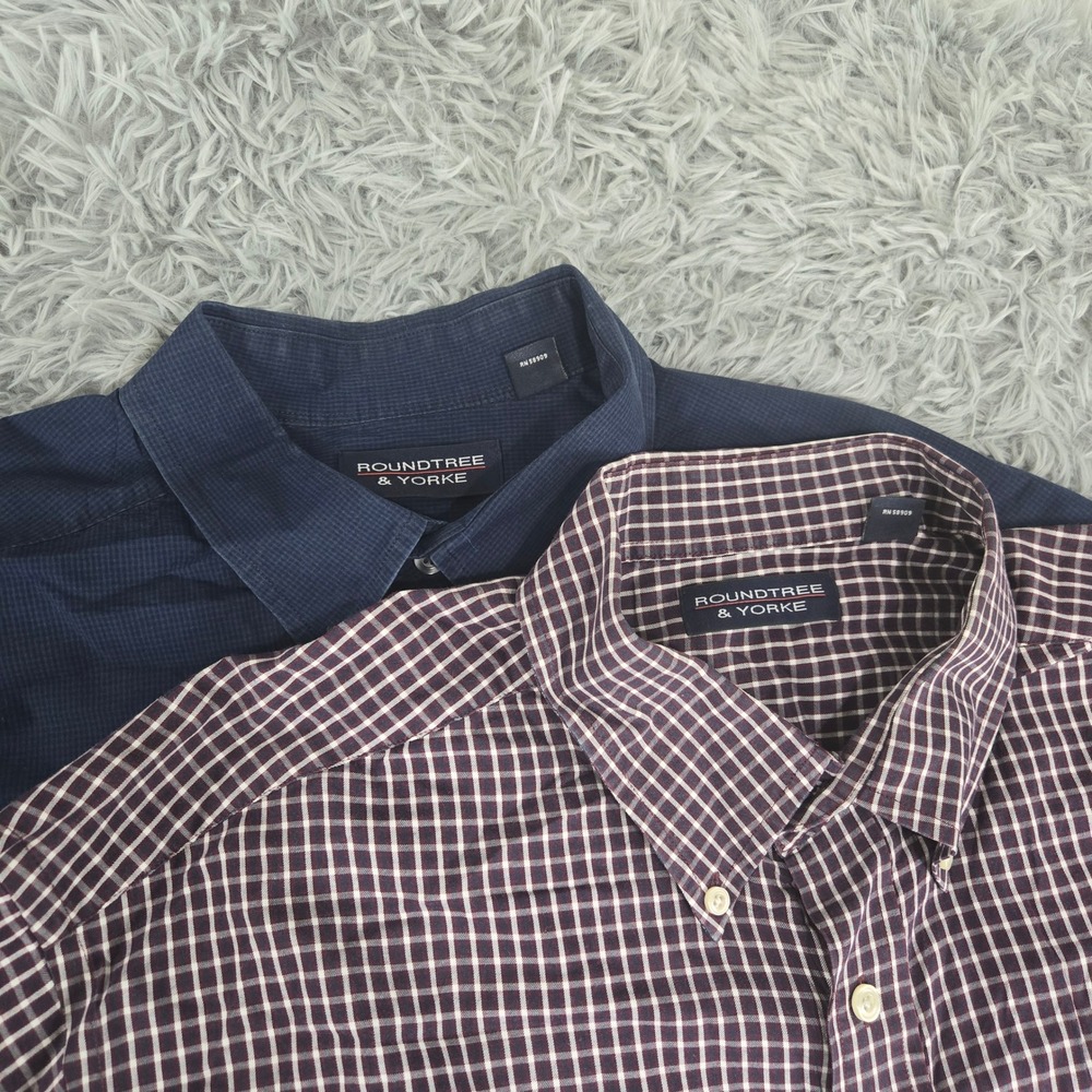 Lot 2 Roundtree &‎ Yorke 2XT Button Down Shirt Navy & Maroon Check 100% Cotton
